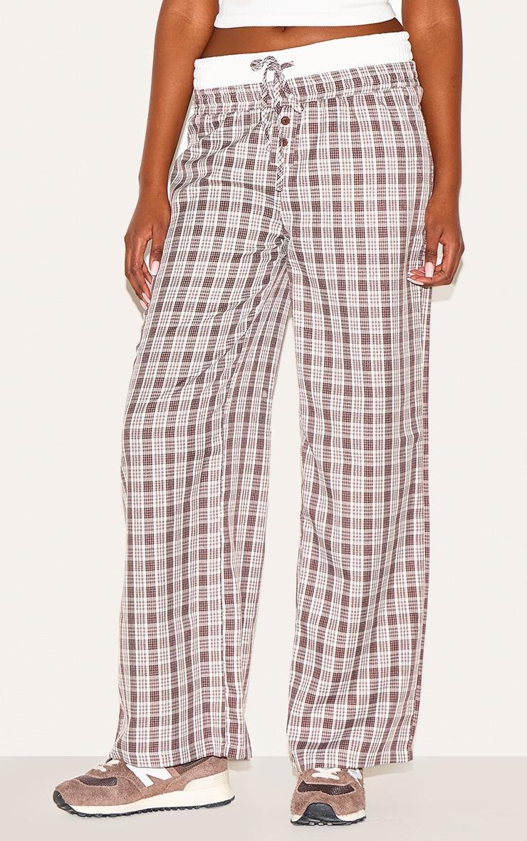 Brown Gingham Print Button Front Straight Leg Pants Product Image