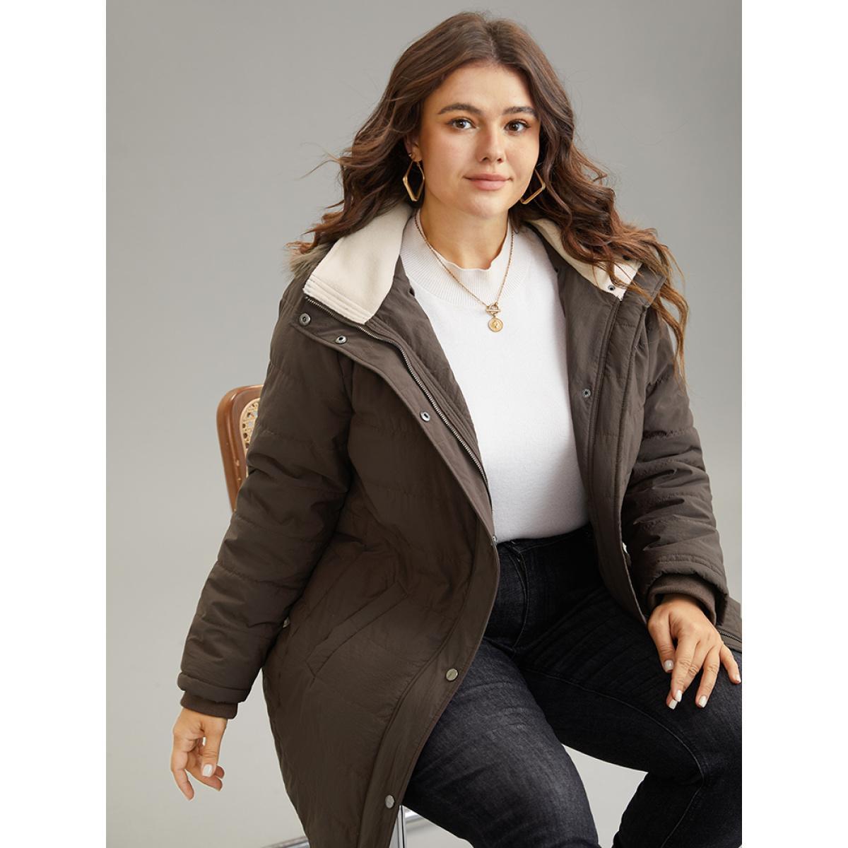 Plus Size Contrast Pocket Fuzzy Detail Zipper Fly Coat Women DarkBrown Casual Rib Knit Ladies Dailywear Winter Coats BloomChic 22-24/3X Product Image