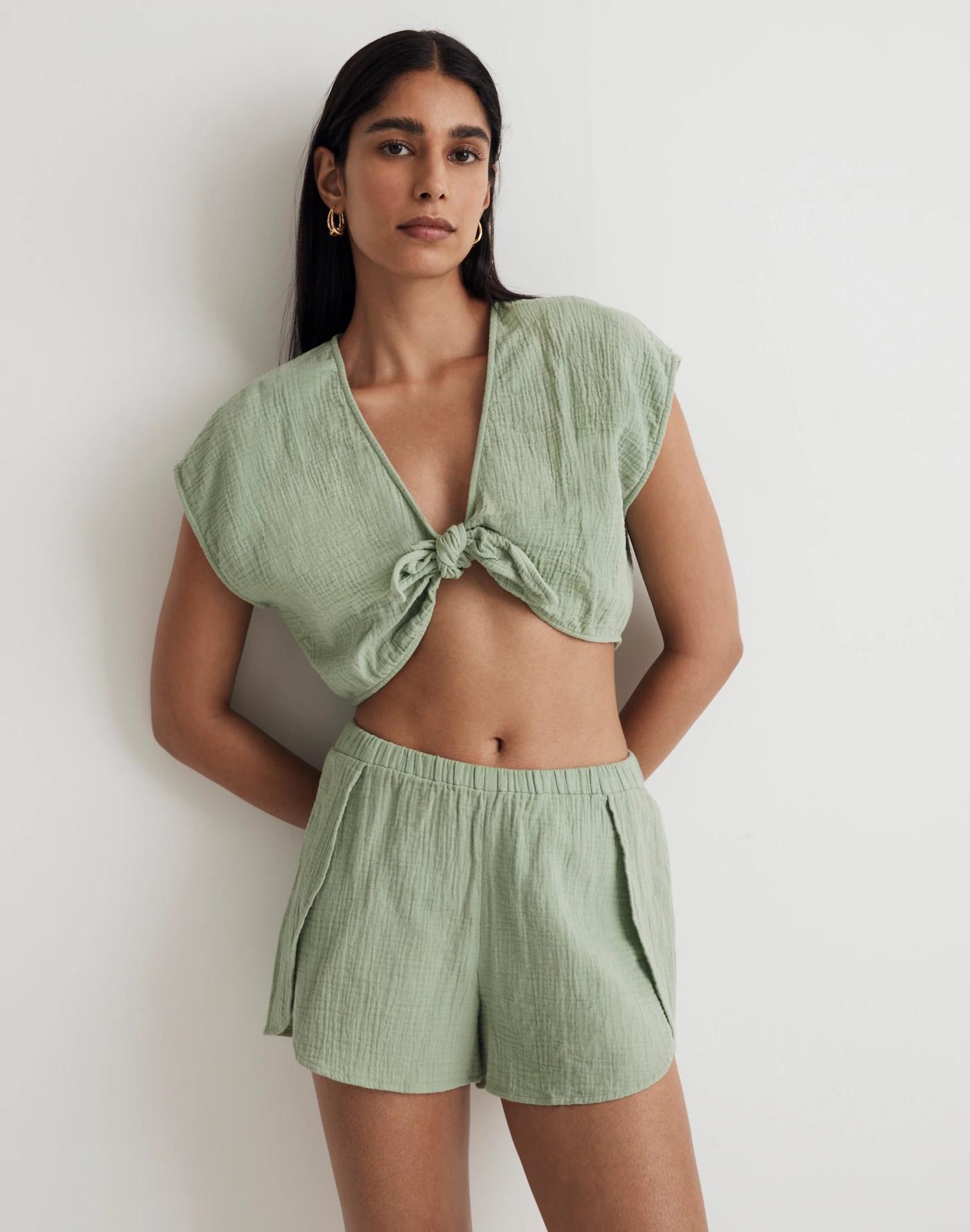 Double-Gauze Tie-Front Cropped Top Product Image