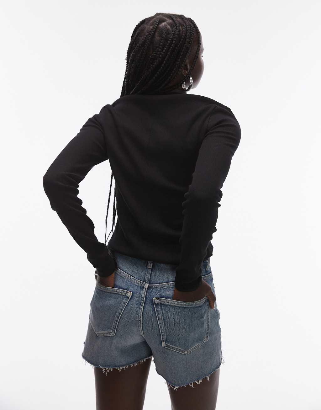 Topshop rib curve hem long sleeve tee in black Product Image