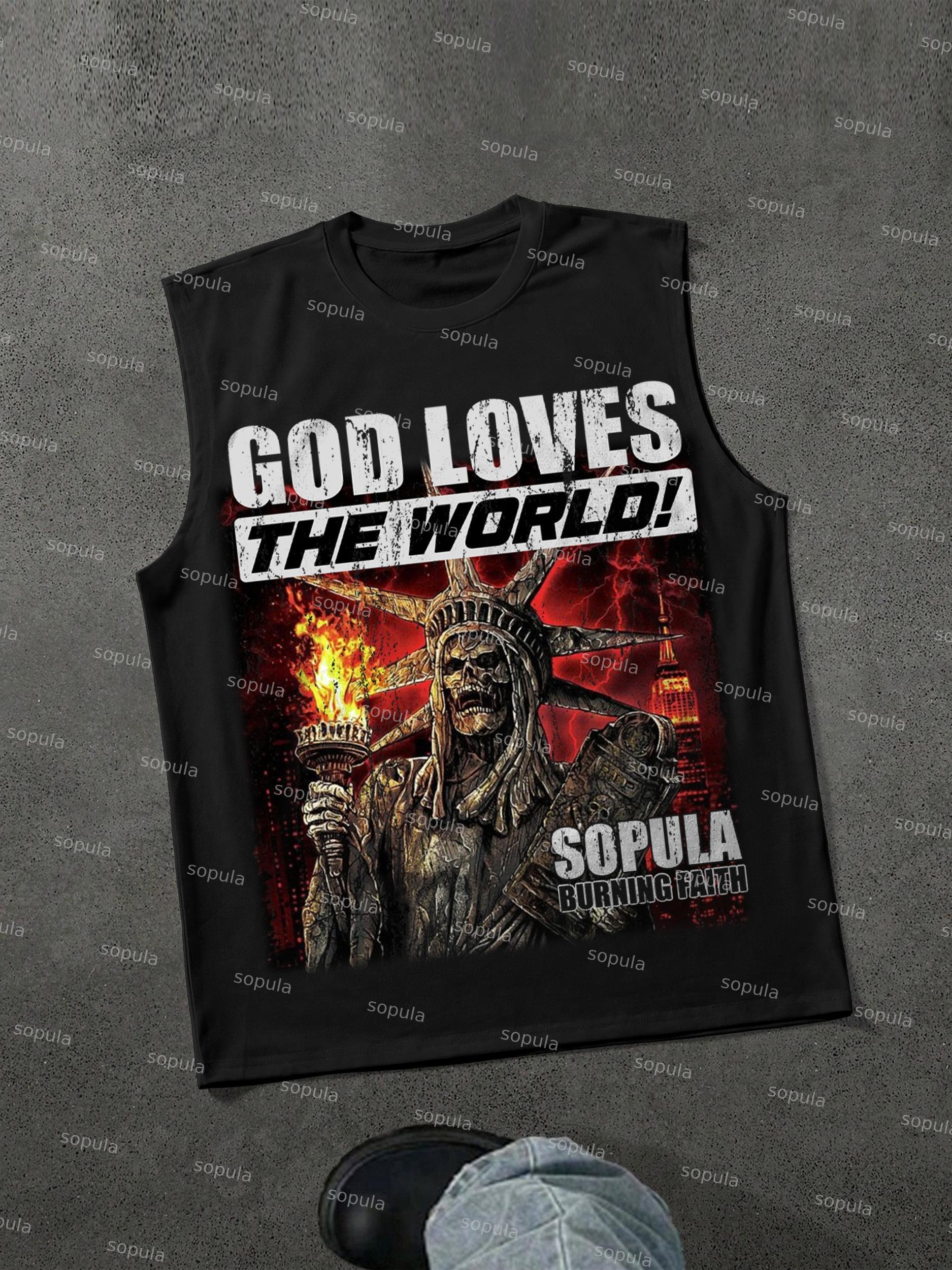 God Loves The World Burning Skull Statue Of Liberty Vintage Graphic Tank Top Product Image