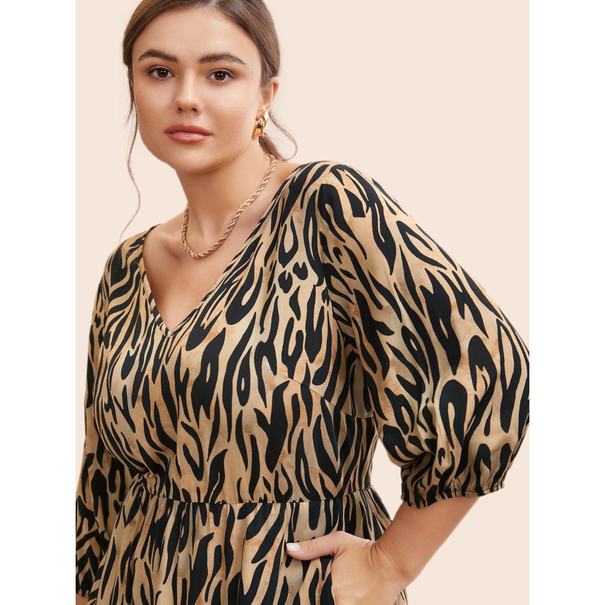 Plus Size Leopard Print Tie Knot Lantern Sleeve Dress Yellowishbrown Women Workwear Essentials Tie knot V-neck Elbow-length sleeve Curvy BloomChic 14-16/1X Product Image