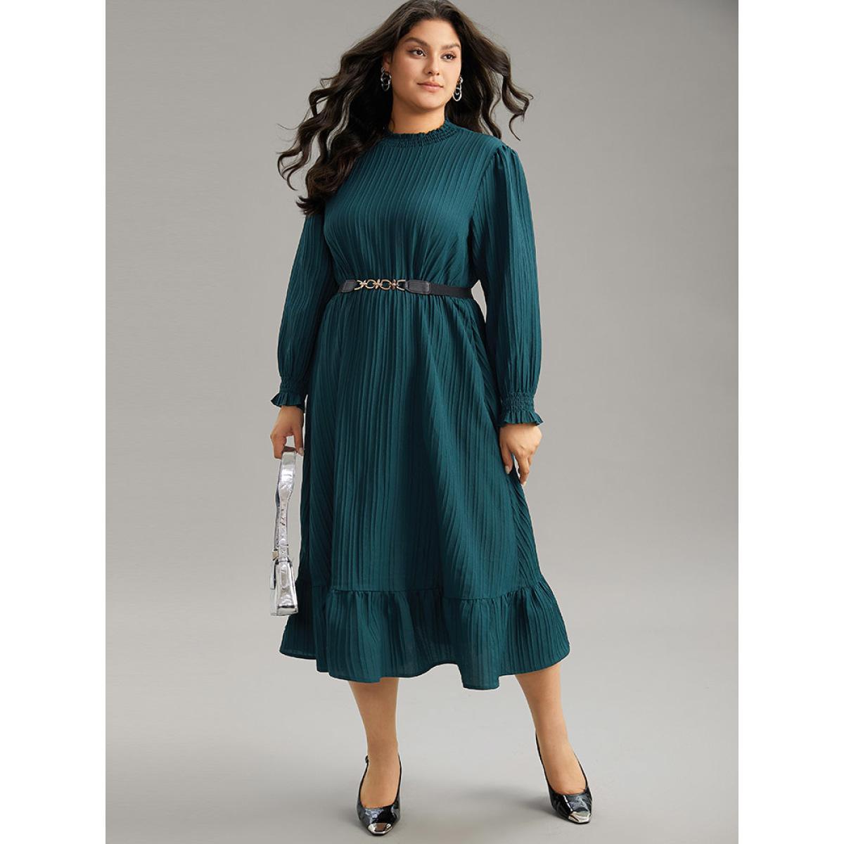 Plus Size Plain Texture Elastic Waist Frill Trim Shirred Dress Emerald Women Office Texture Mock Neck Long Sleeve Curvy Midi Dress BloomChic 18-20/2X Product Image