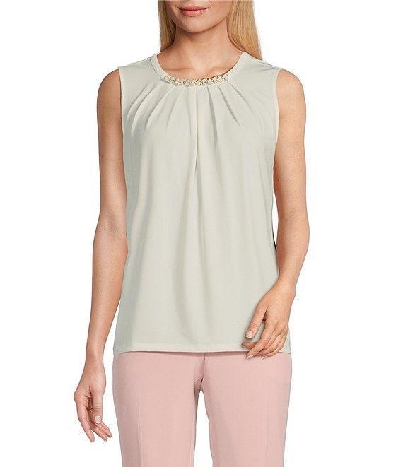 Kasper Knit Jewel Pleat Round Neck Sleeveless Top Product Image