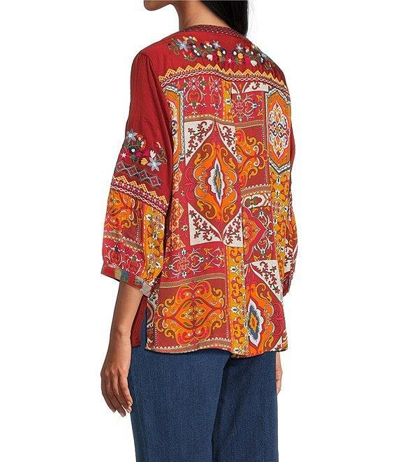 John Mark Petite Size Embroidered Multi Patch Split V-Neck 3/4 Sleeve Hi-Low Hem Tunic Product Image