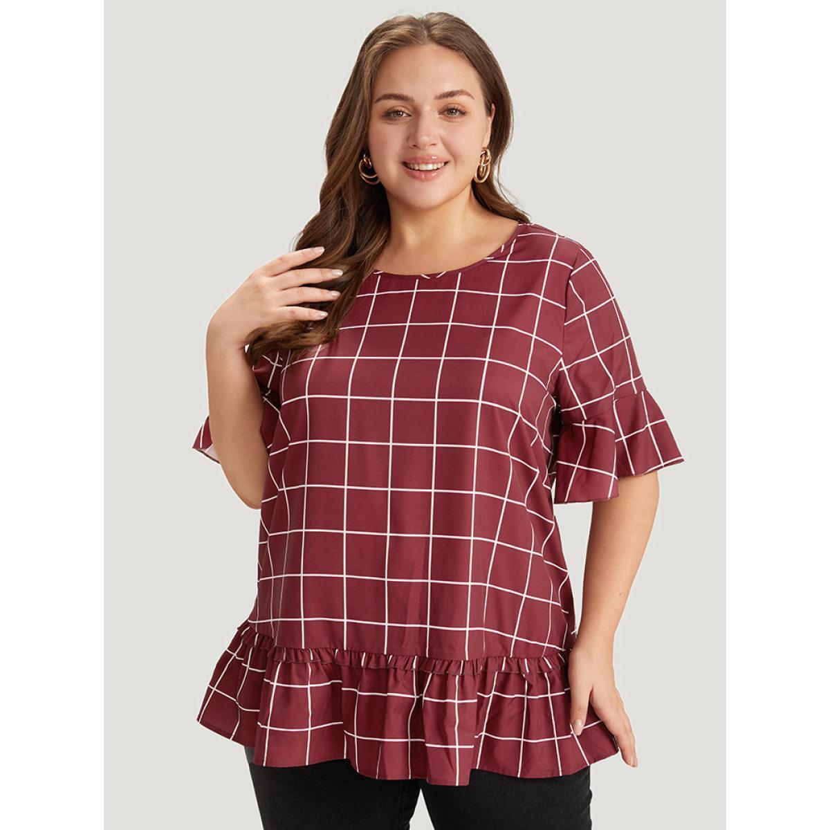 Plus Size Burgundy Plaid Frill Trim Bell Sleeve Flutter Hem Blouse Women Elegant Half Sleeve Round Neck Dailywear Blouses BloomChic 28/5X Product Image