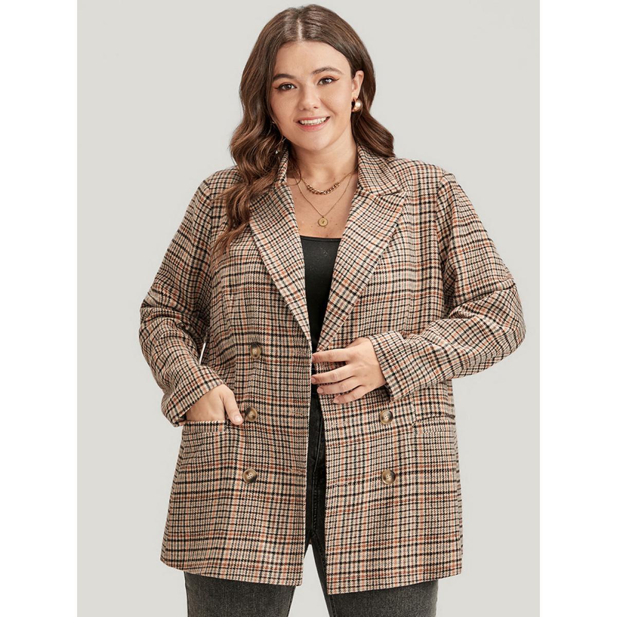Plus Size Tartan Suit Collar Button Up Pocket Blazer LightBrown Women Work Plaid Button Sleeve Long Sleeve Lapel Collar 26/4X Pocket Office Blazers BloomChic Product Image