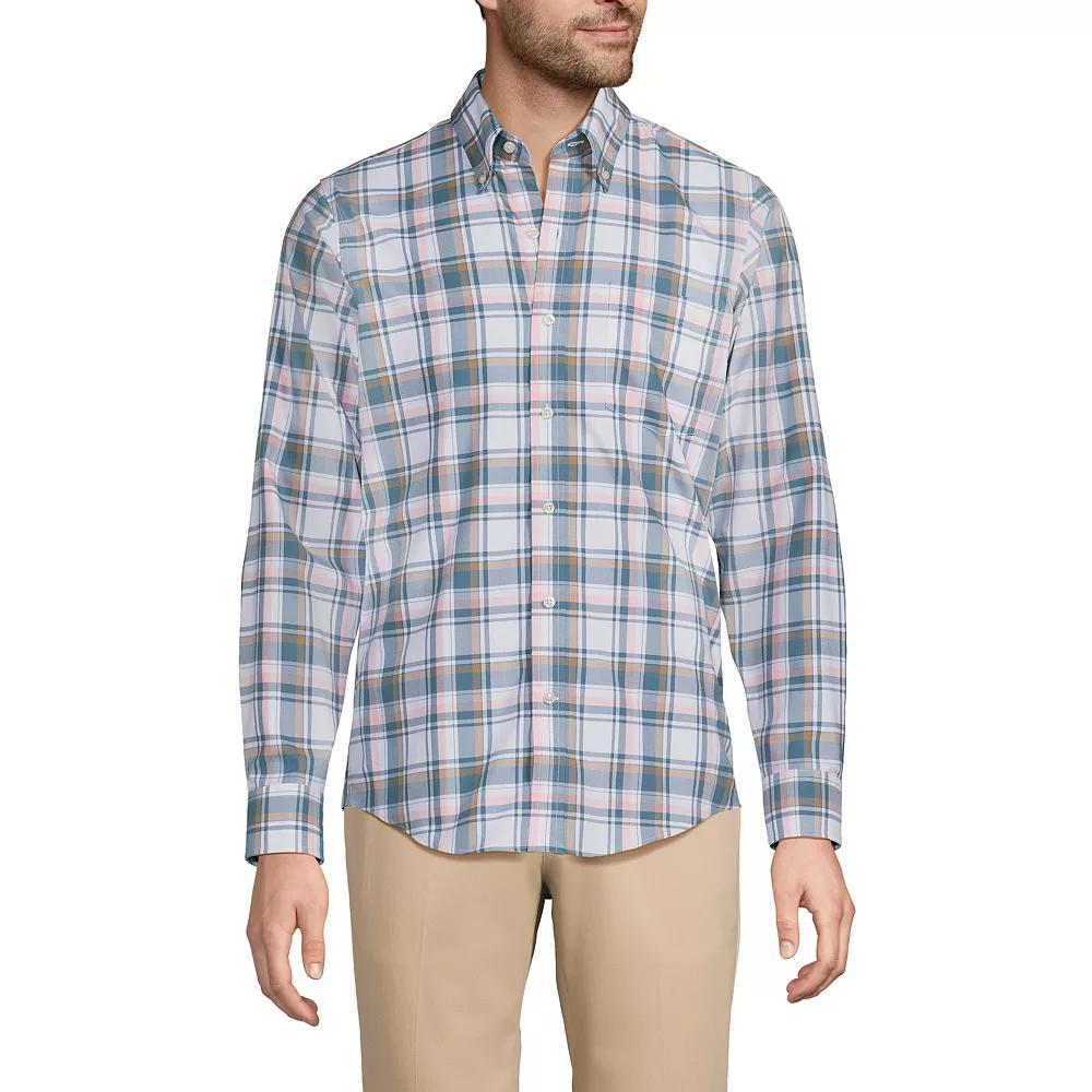 Big & Tall Lands' End Traditional-Fit No-Iron Twill Button-Down Shirt, Men's, Size: Large Tall, White Blue Plaid Product Image