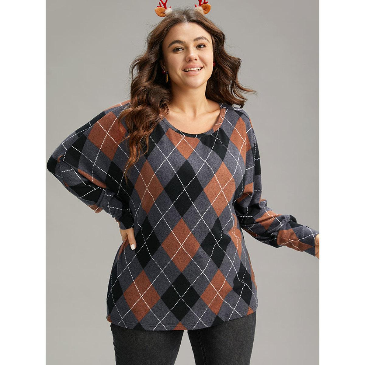 Plus Size Plaid Contrast Round Neck Dolman Sleeve T-shirt Multicolor Women Casual Contrast Plaid Round Neck Festival-Christmas T-shirts BloomChic 30/6X Product Image