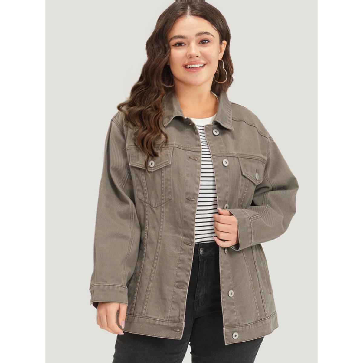Women Solid Denim Button Fly Flap Pocket Light Wash Jacket LightBrown Plus Size Plain Button Everyday Pocket Casual Denim Jackets BloomChic 22-24/3X Product Image