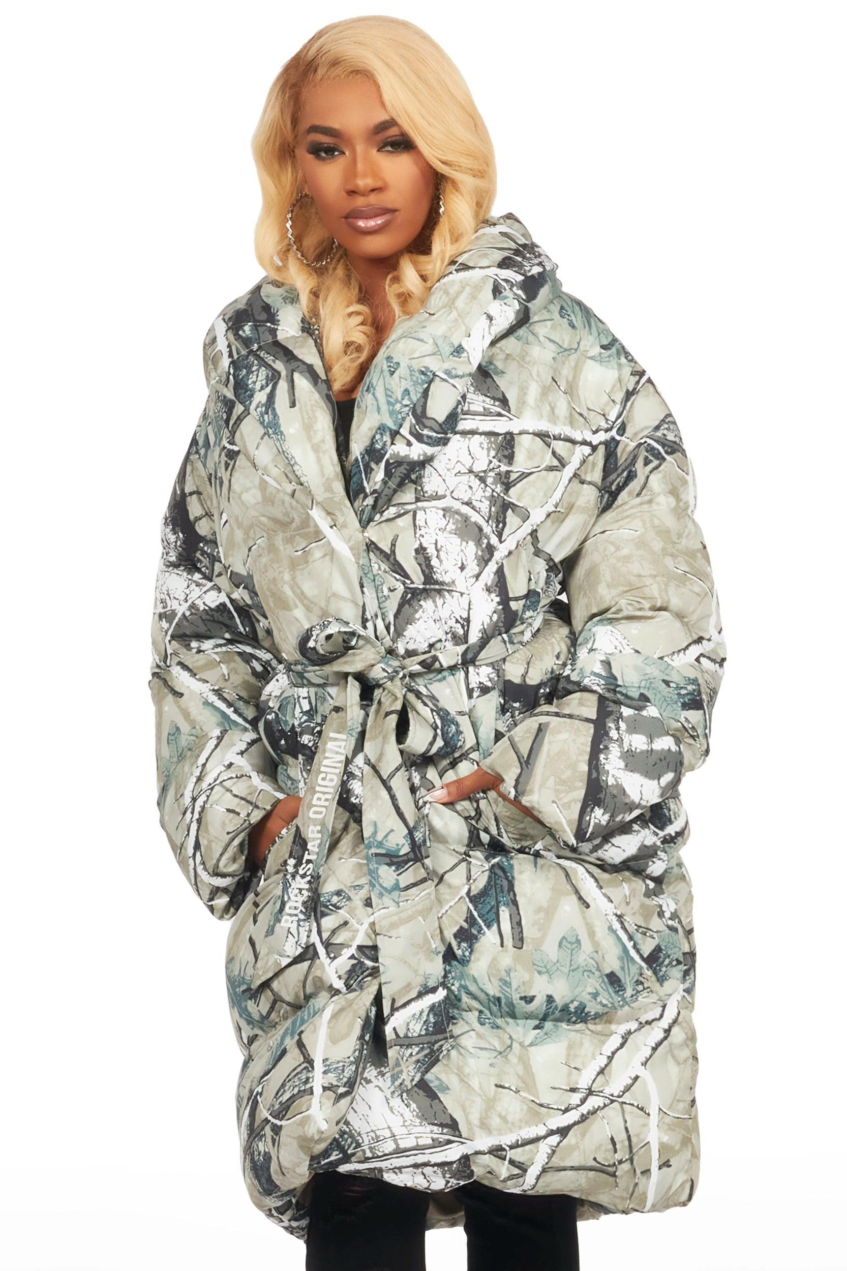 Sehrazat Tree Camo Long Wrap Puffer Jacket Female Product Image