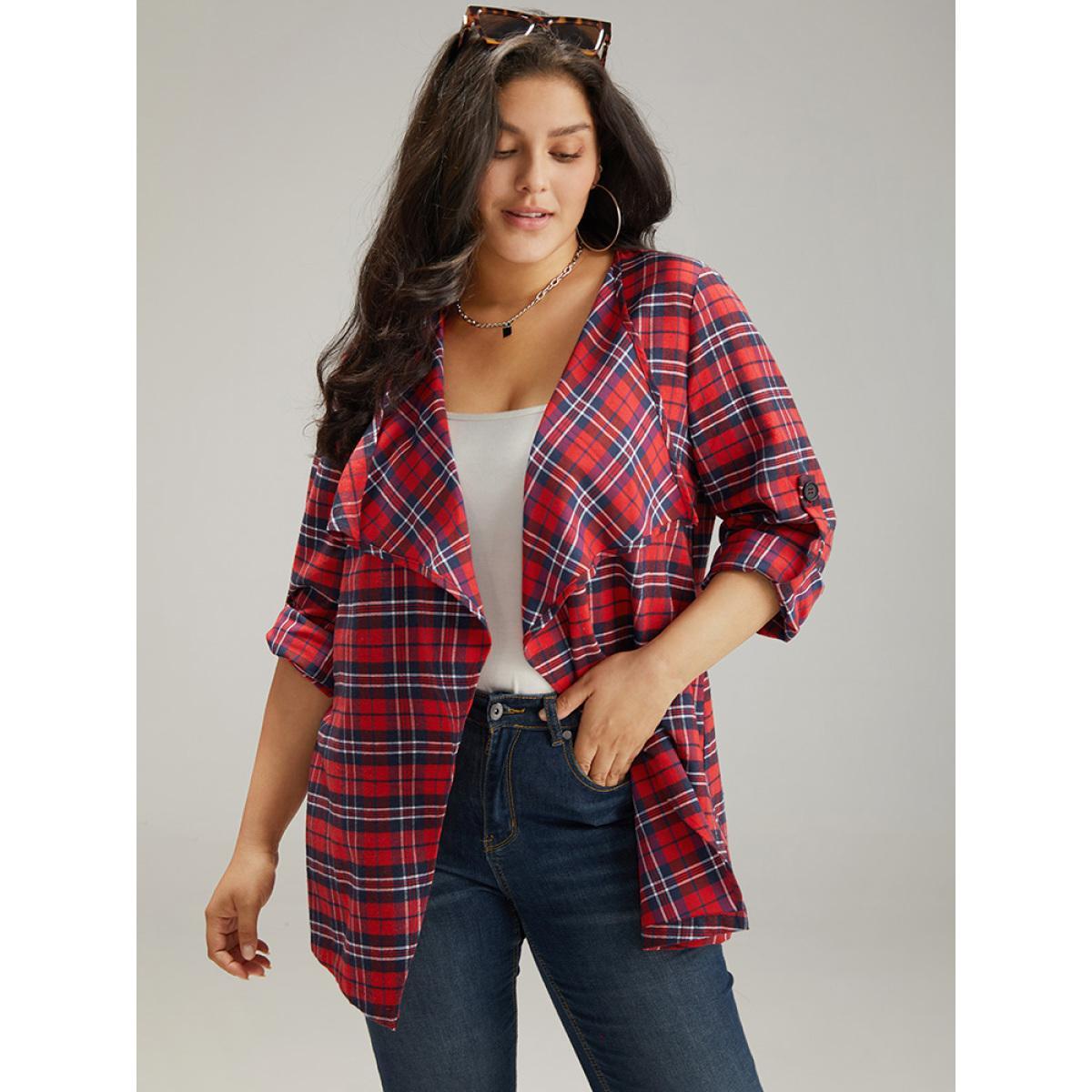 Plus Size Plaid Asymmetrical Hem Tab Sleeve Jacket Women Scarlet Button Dailywear Jackets BloomChic 10/M Product Image