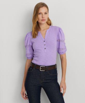 Lauren Ralph Lauren Lace-Trim Jersey Puff-Sleeve Henley Tee (Mascarpone Cream) Women's Sweater Product Image