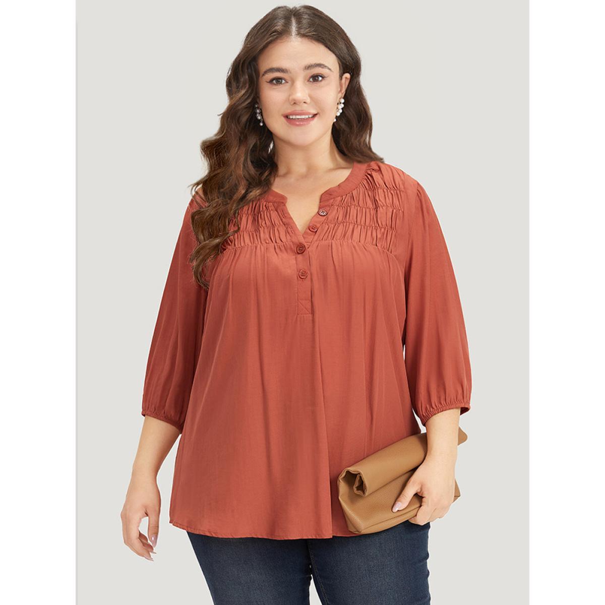 Plus Size Chocolate Plain Notched Button Through Elastic Cuffs Shirred Blouse Women Office Elbow-length sleeve V-neck Work Blouses BloomChic 10/M Product Image