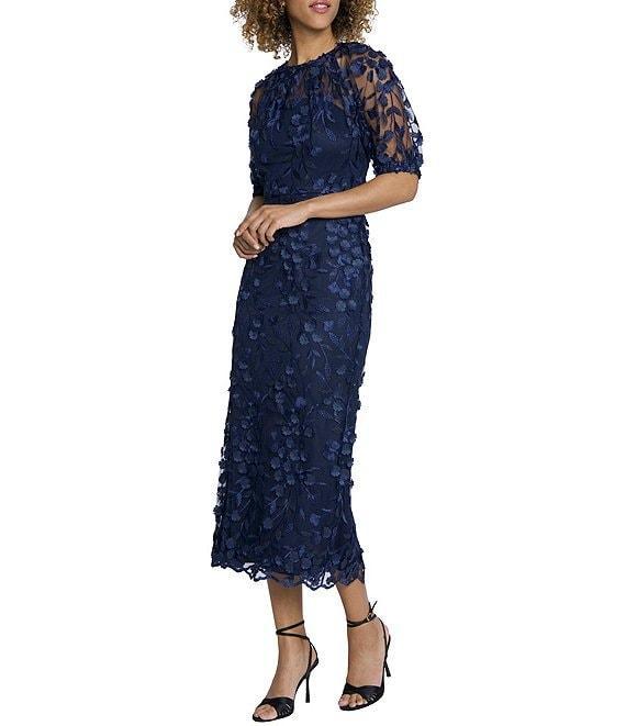 Maggy London Illusion Puff Short Sleeve Crew Neck Embroidered 3D Petal Applique Mesh MIdi Sheath Dress Product Image
