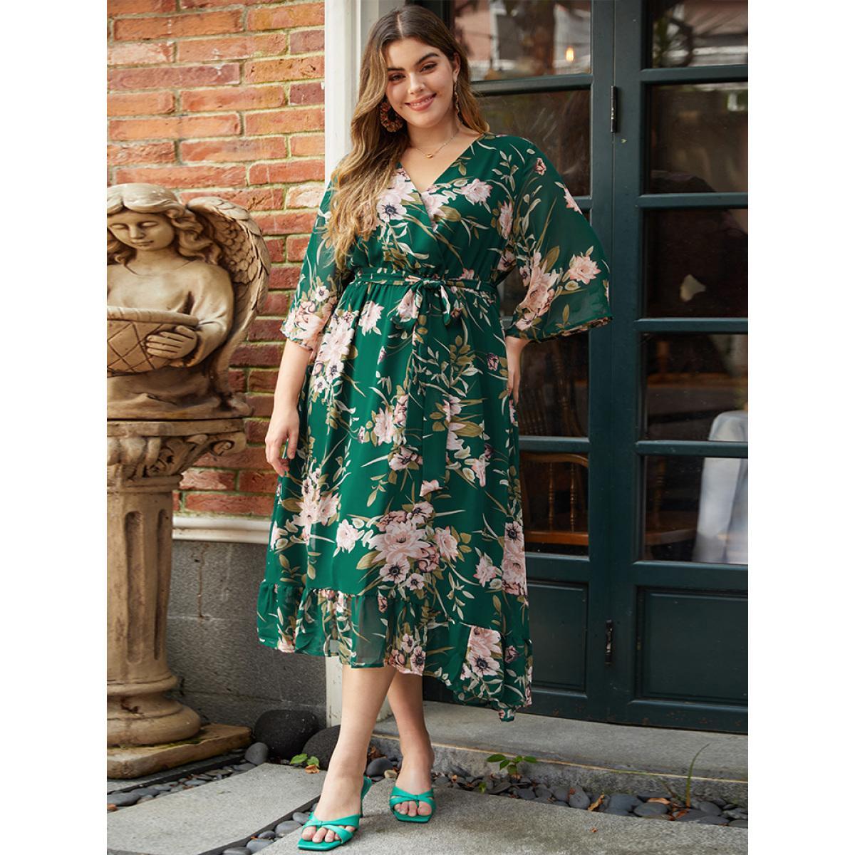 Plus Size Floral Print Surplice Neck Belted Dress DarkGreen Women Elegant Lined V-neck Elbow-length sleeve Curvy Midi Dress BloomChic 10/M Product Image