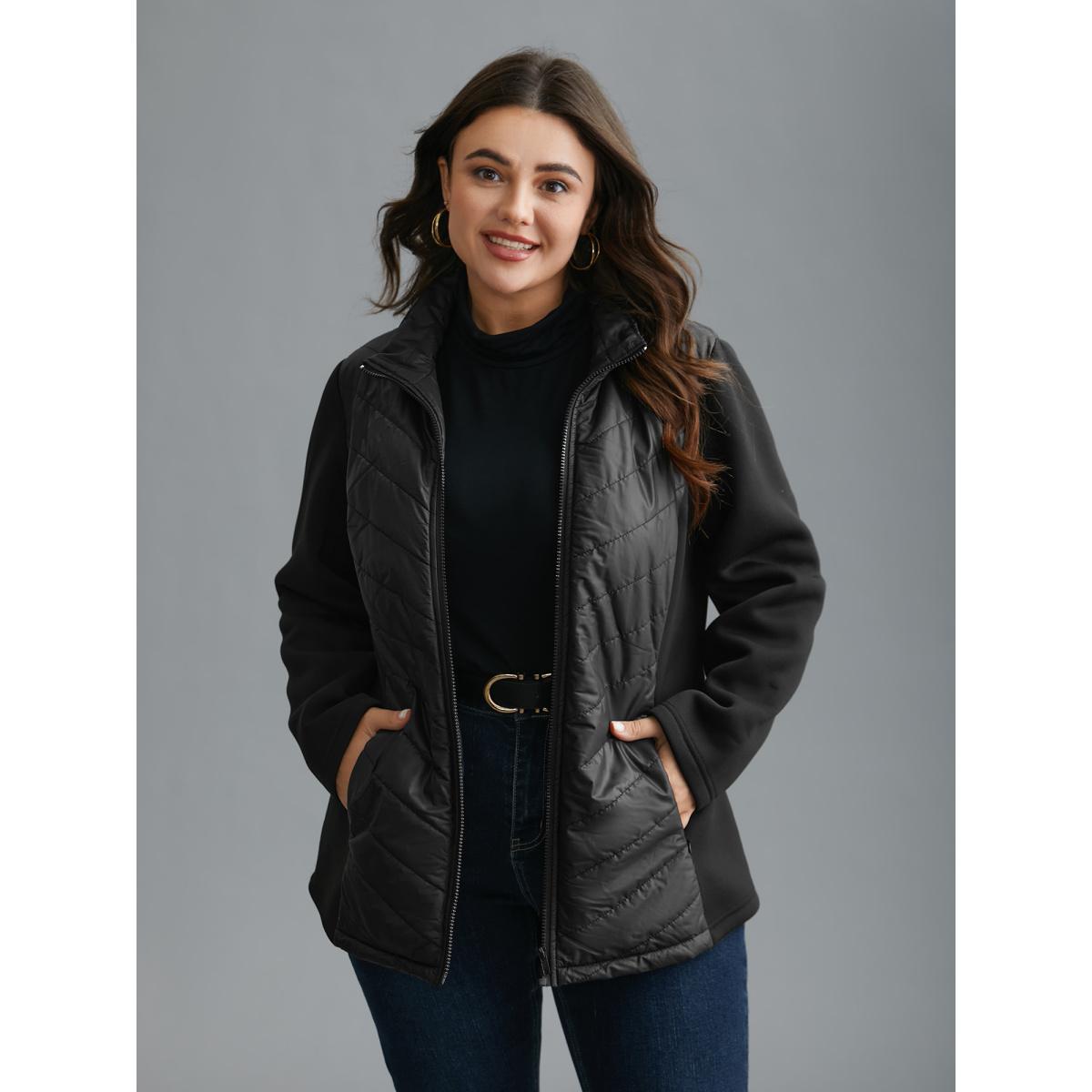 Plus Size Funnel Neck Contrasting Design Zipper Coat Women Black Casual Topstitching Ladies Everyday Winter Coats BloomChic 28/5X Product Image