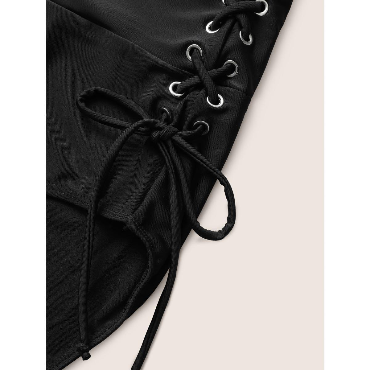 Plus Size Plain Lace Up Side Skinny Swim Bottom Women's Swimwear Black Beach Non High stretch Skinny High Rise Curve Swim Bottoms BloomChic 14-16/1X Product Image