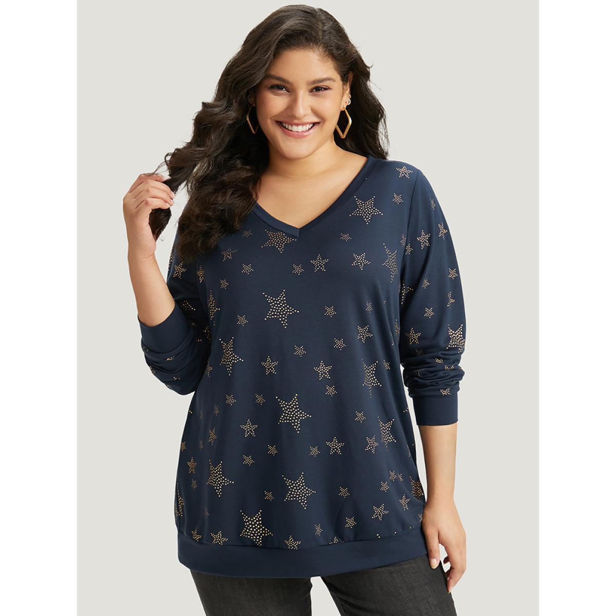 Plus Size Star Glitter Print V Neck Elastic Cuffs Sweatshirt Women Indigo Casual Elastic cuffs V-neck Dailywear Sweatshirts BloomChic 22-24/3X Product Image
