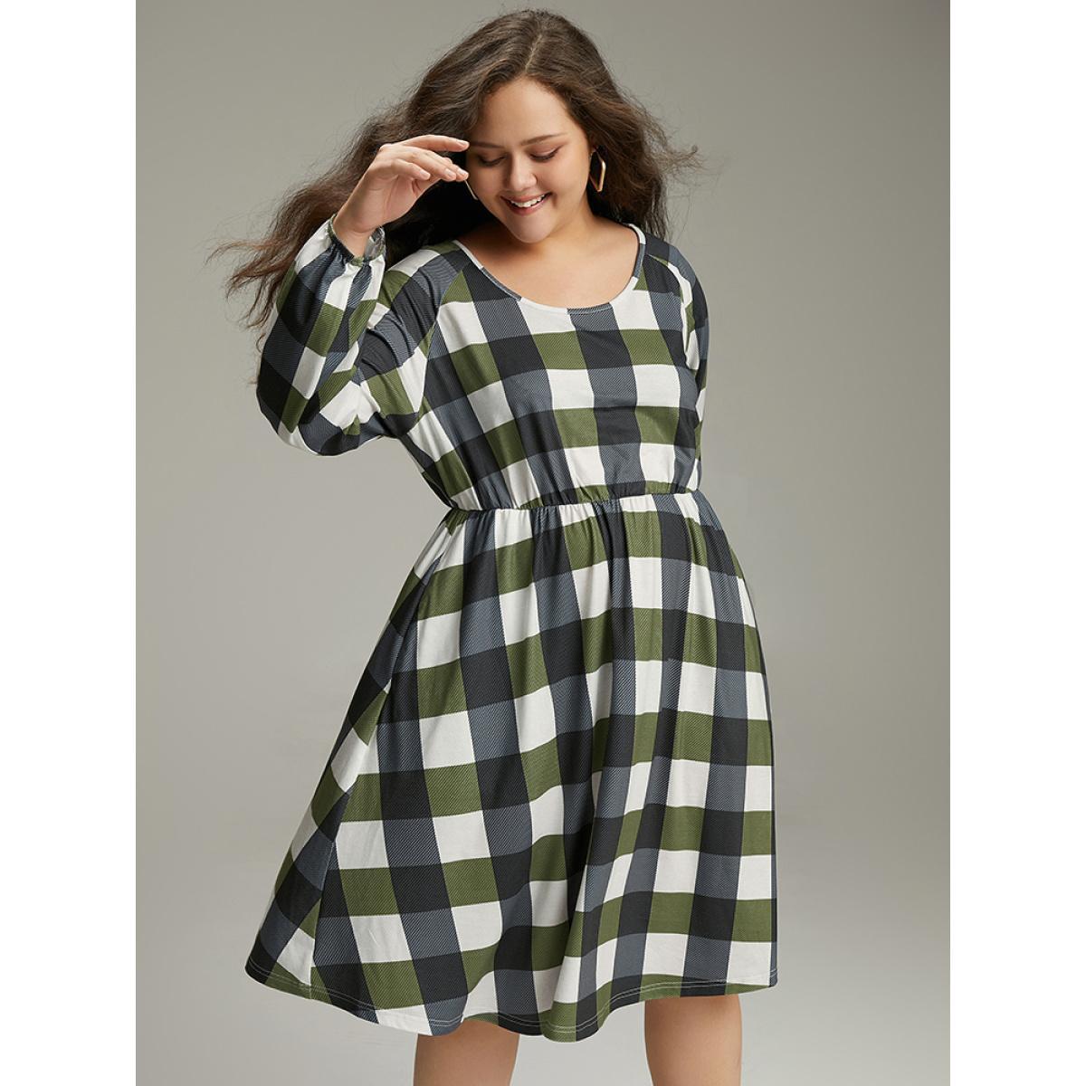 Plus Size Plaid Lantern Sleeve Ruffle Hem Dress DimGray Women Casual Elastic cuffs Scoop Neck Long Sleeve Curvy Midi Dress BloomChic 14-16/1X Product Image