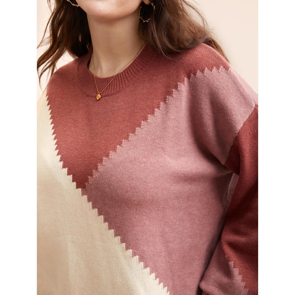 Plus Size Colorblock Contrast Round Neck Pullover DustyPink Women Casual Long Sleeve Round Neck Everyday Pullovers BloomChic 14-16/1X Product Image