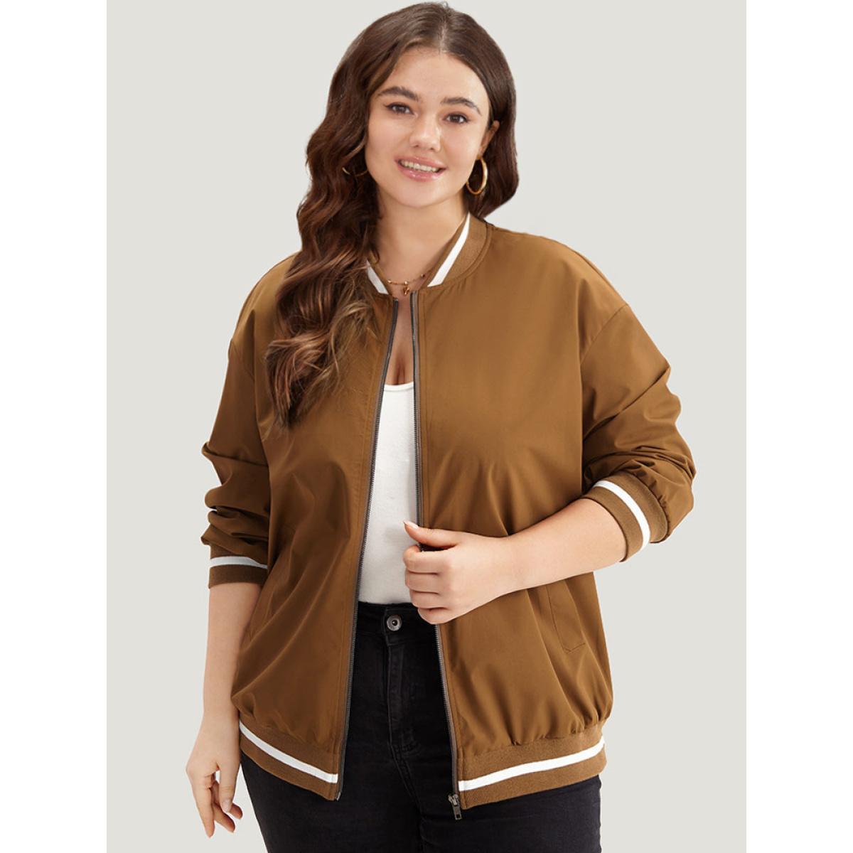 Plus Size Letter Embroidered Pocket Baseball Collar Jacket Women DarkBrown Rib Knit Pocket Dailywear Jackets BloomChic 10/M Product Image