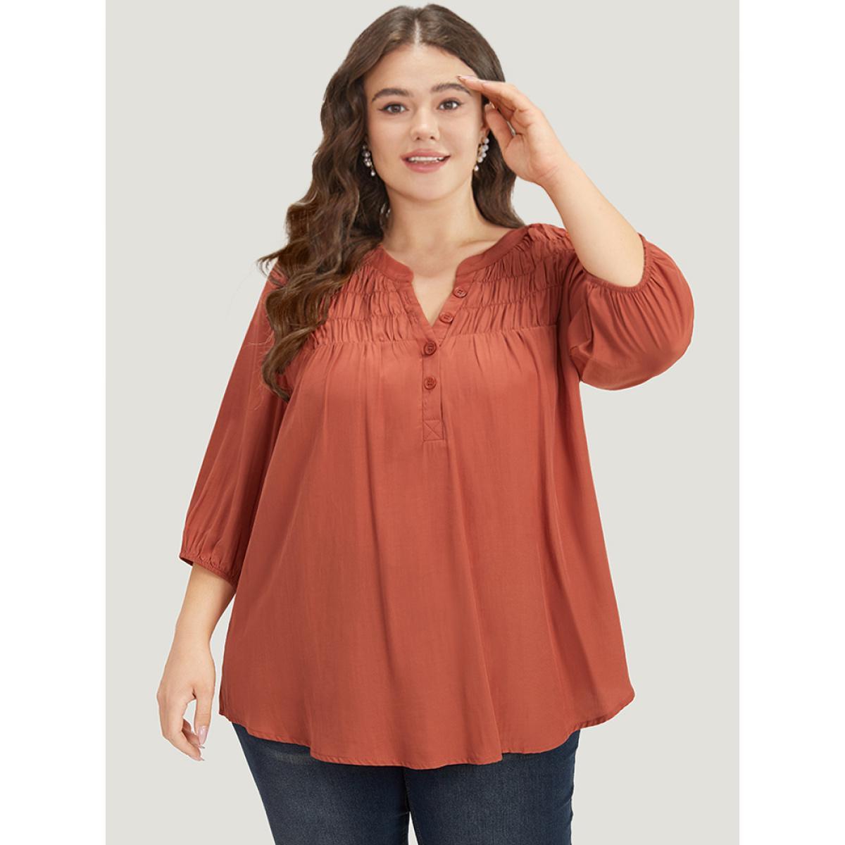 Plus Size Chocolate Plain Notched Button Through Elastic Cuffs Shirred Blouse Women Office Elbow-length sleeve V-neck Work Blouses BloomChic 10/M Product Image