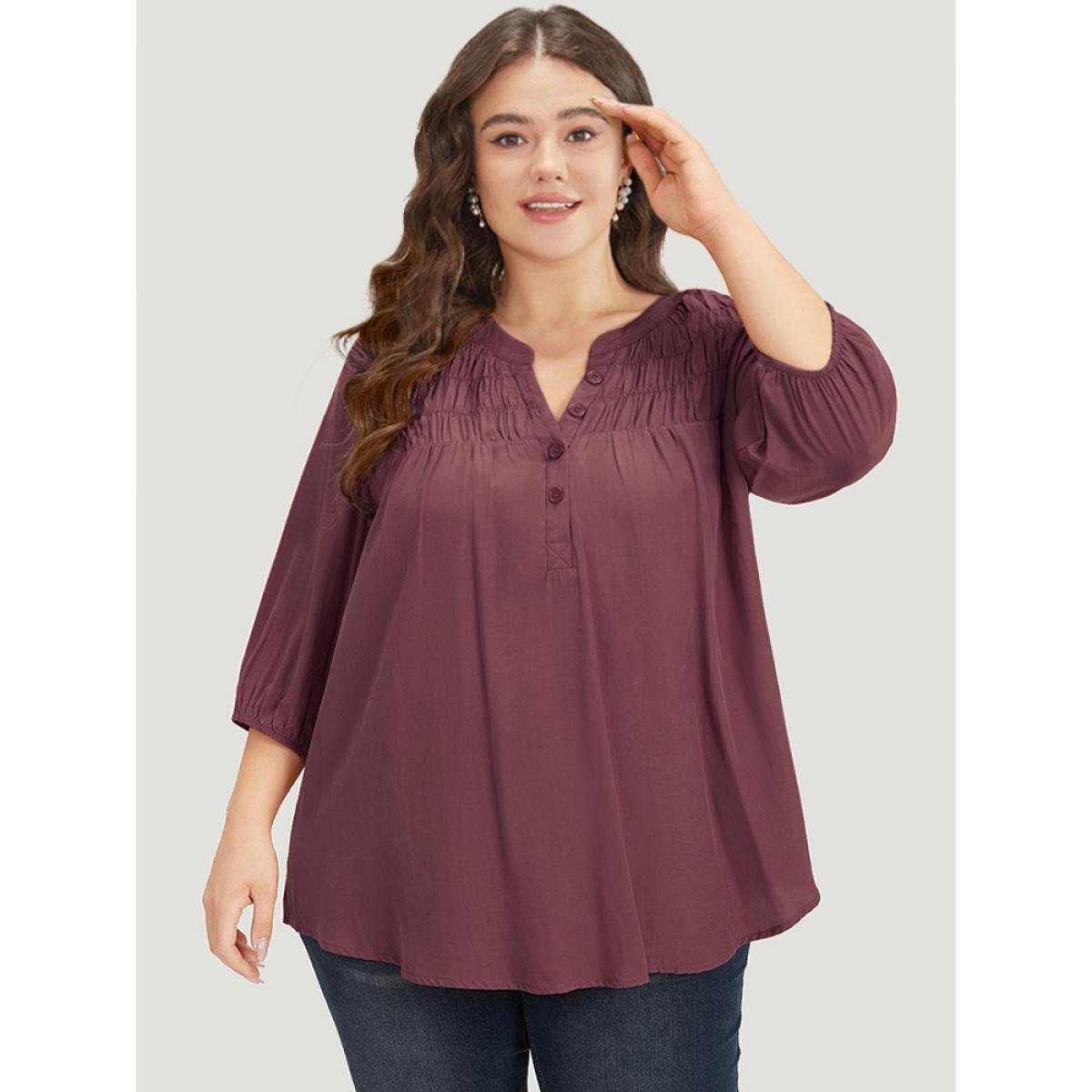 Plus Size Scarlet Plain Notched Button Through Elastic Cuffs Shirred Blouse Women Office Elbow-length sleeve V-neck Work Blouses BloomChic 14-16/1X Product Image