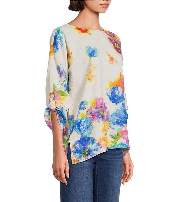 Ali Miles Petite Size Linen Blend Multi Floral Round Neck 3/4 Dolman Roll-Tab Sleeve Tunic Product Image