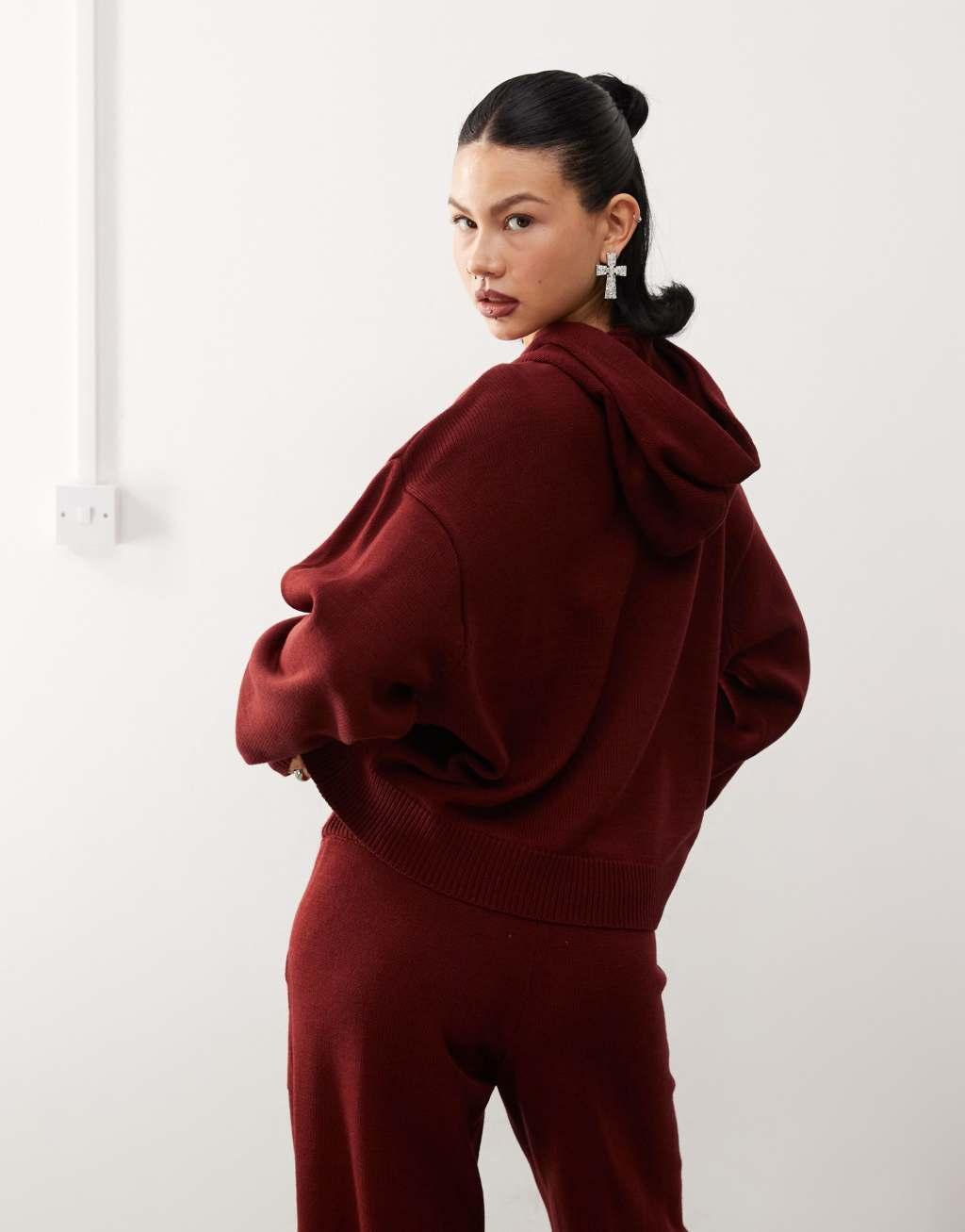 COLLUSION oversized knitted hoodie in burgundy - part of a set Product Image
