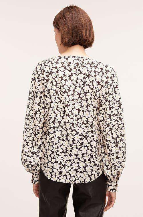 REBECCA TAYLOR Paige Fleur Drawstring Blouse In Black White Flower Combo Product Image