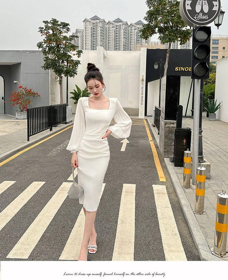 Long-Sleeve Square Neck Plain Ruched Midi Sheath Dress Product Image
