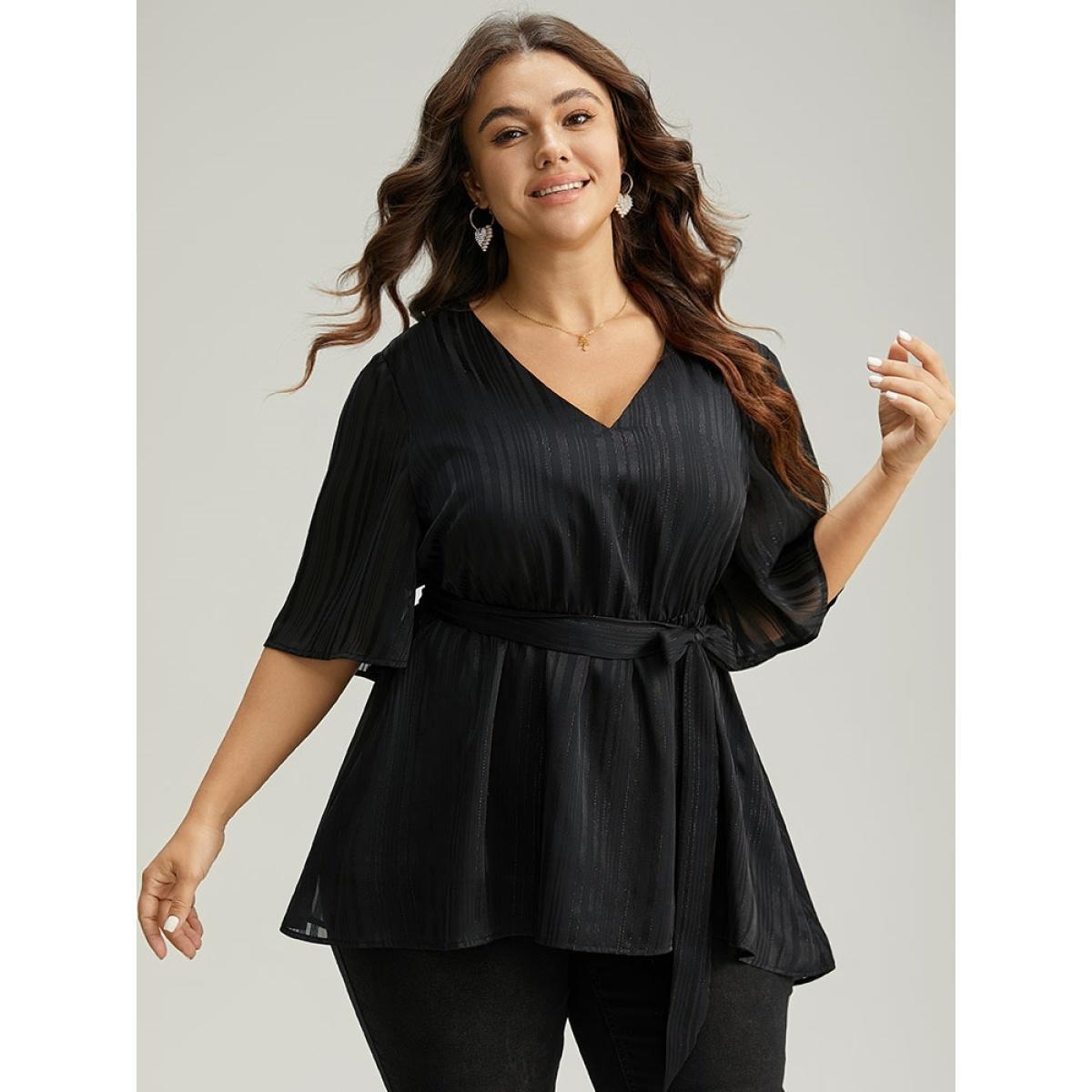 Plus Size Black Solid Chiffon Belted High Low Hem Blouse Women Elegant Half Sleeve V-neck Everyday Blouses BloomChic 30/6X Product Image