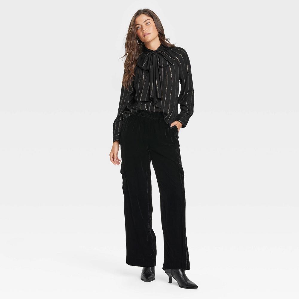 Womens Long Sleeve Tie-Front Bow Blouse - Universal Thread Black Striped Product Image
