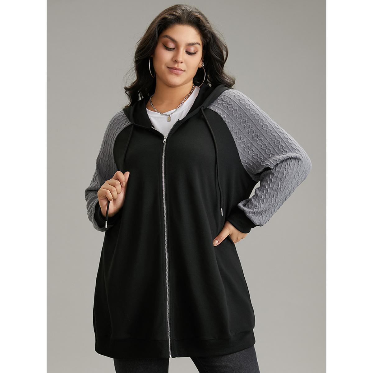 Plus Size Textured Contrast Zipper Hooded Drawstring Sweatshirt Women Black Casual Rib Knit Hooded Dailywear Sweatshirts BloomChic 22-24/3X Product Image