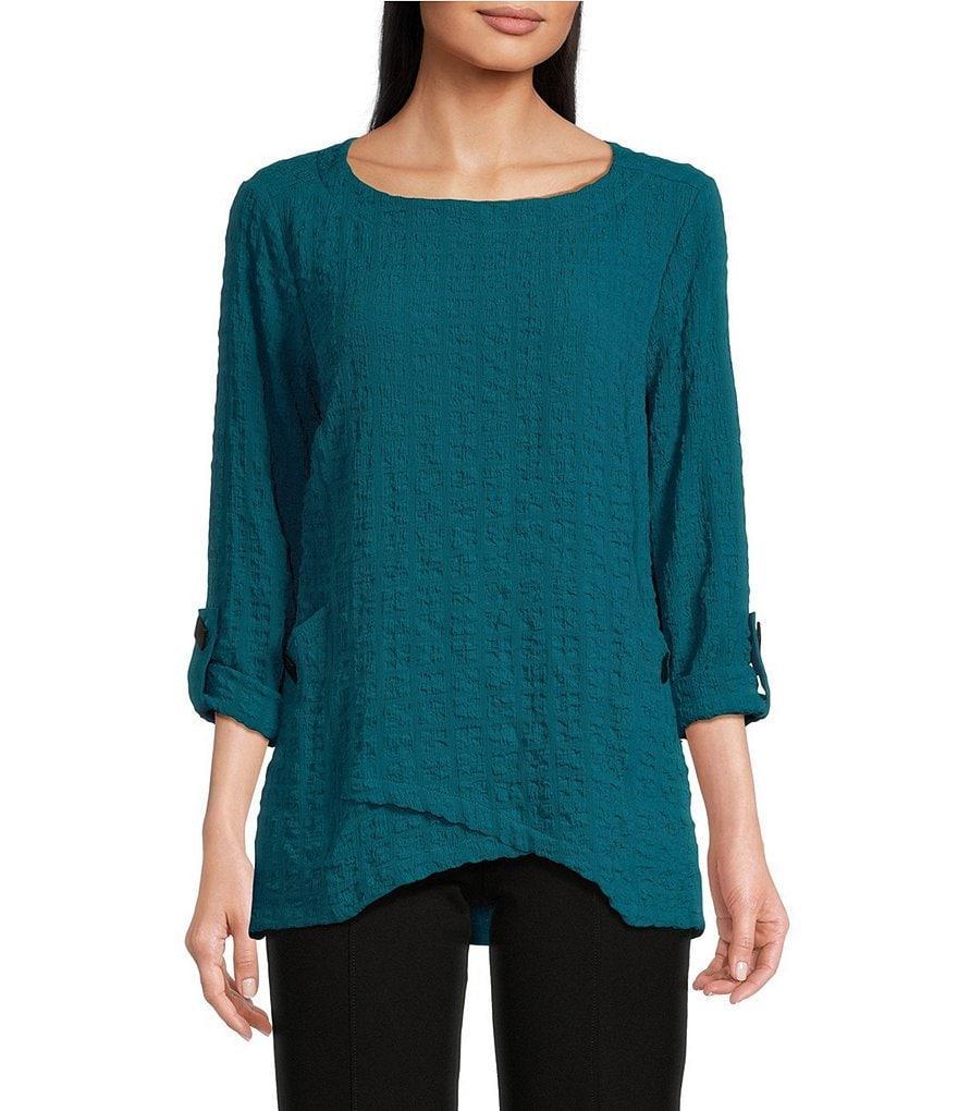 Ali Miles Solid Puckered Woven Crew Neck 3/4 Roll-Tab Sleeve Button Accent Detail Tunic Product Image