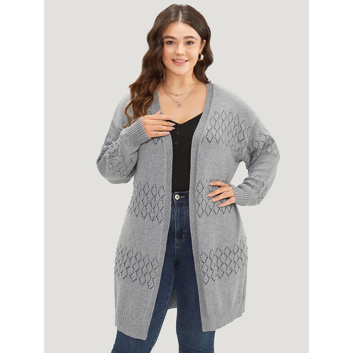 Plus Size Geometric Eyelet Elastic Cuffs Tunic Cardigan DarkGray Women Casual Loose Long Sleeve Dailywear Cardigans BloomChic 30/6X Product Image