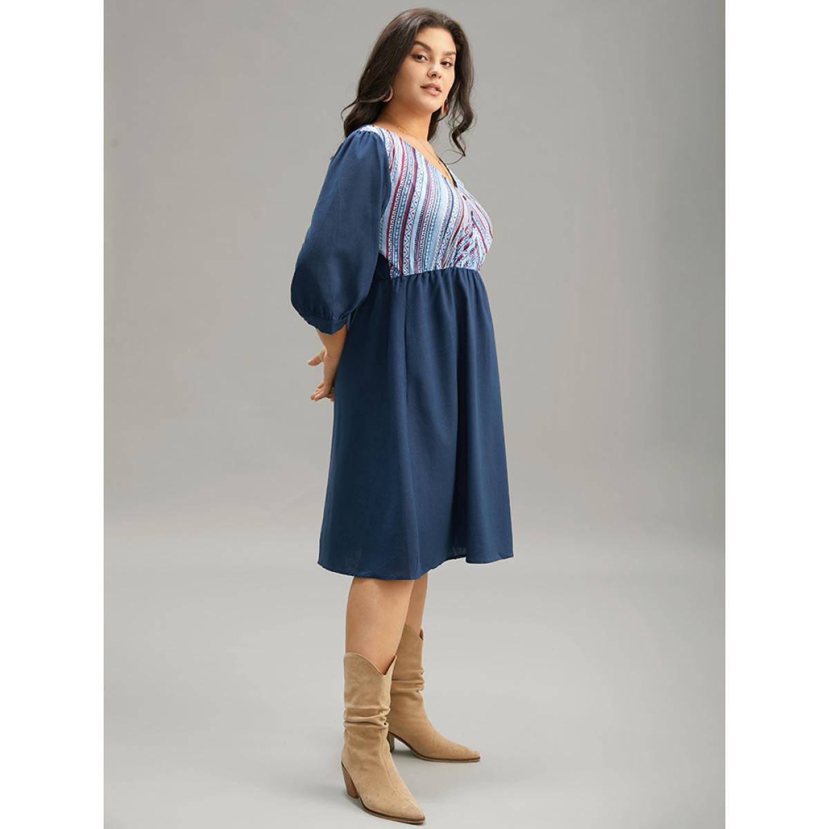 Plus Size Boho Print Striped Patchwork Lantern Sleeve Dress Indigo Women Vacation Printed V-neck Elbow-length sleeve Curvy Midi Dress BloomChic 18-20/2X Product Image