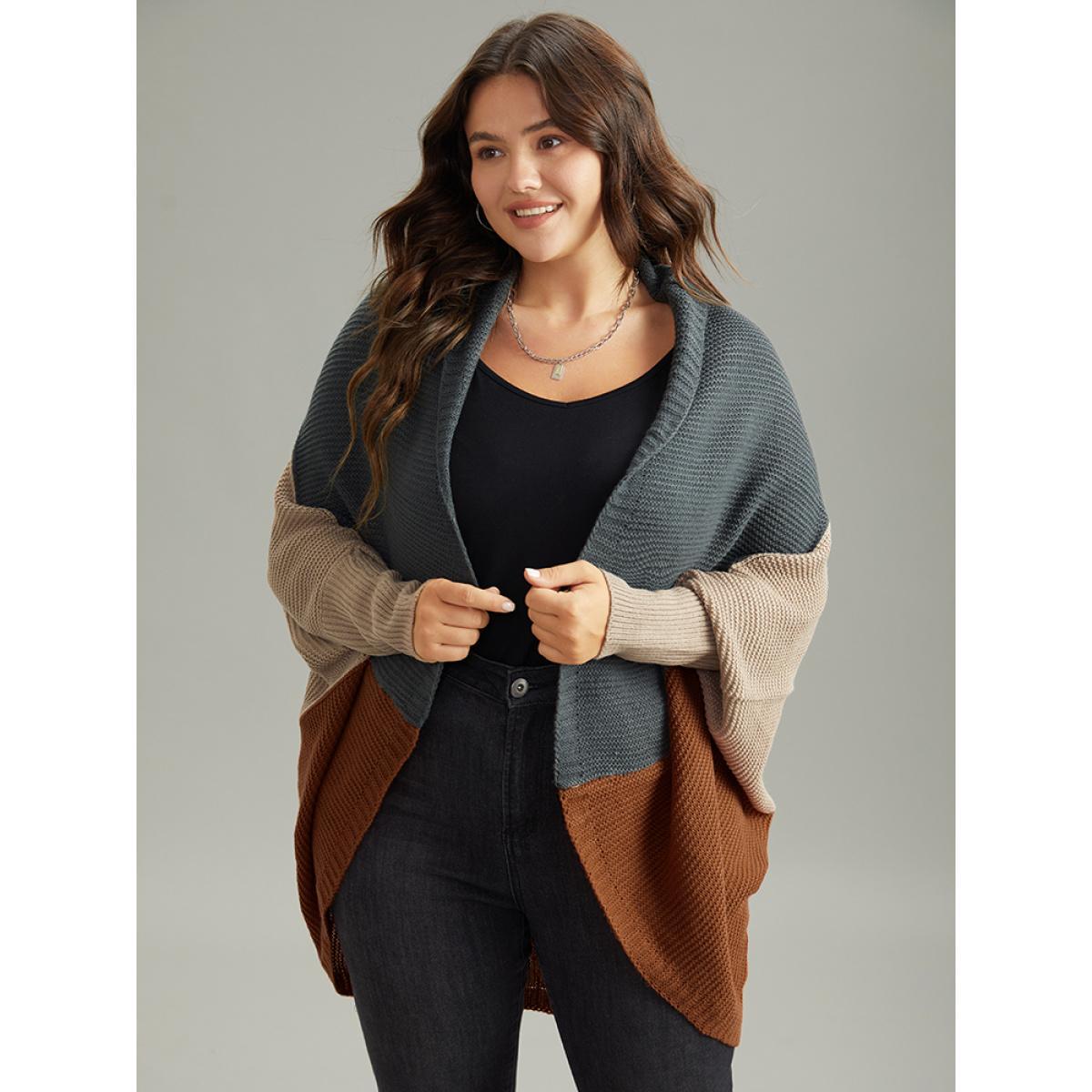 Plus Size Colorblock Batwing Sleeve Patchwork Cardigan DarkBrown Women Casual Loose Long Sleeve Everyday Cardigans BloomChic 30/6X Product Image