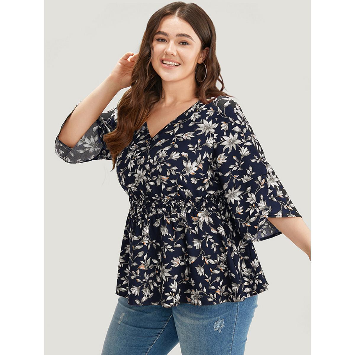 Plus Size Indigo Floral Print Shirred Button Detail V Neck Petal Sleeve Blouse Women Vacation Half Sleeve V-neck Dailywear Blouses BloomChic 30/6X Product Image