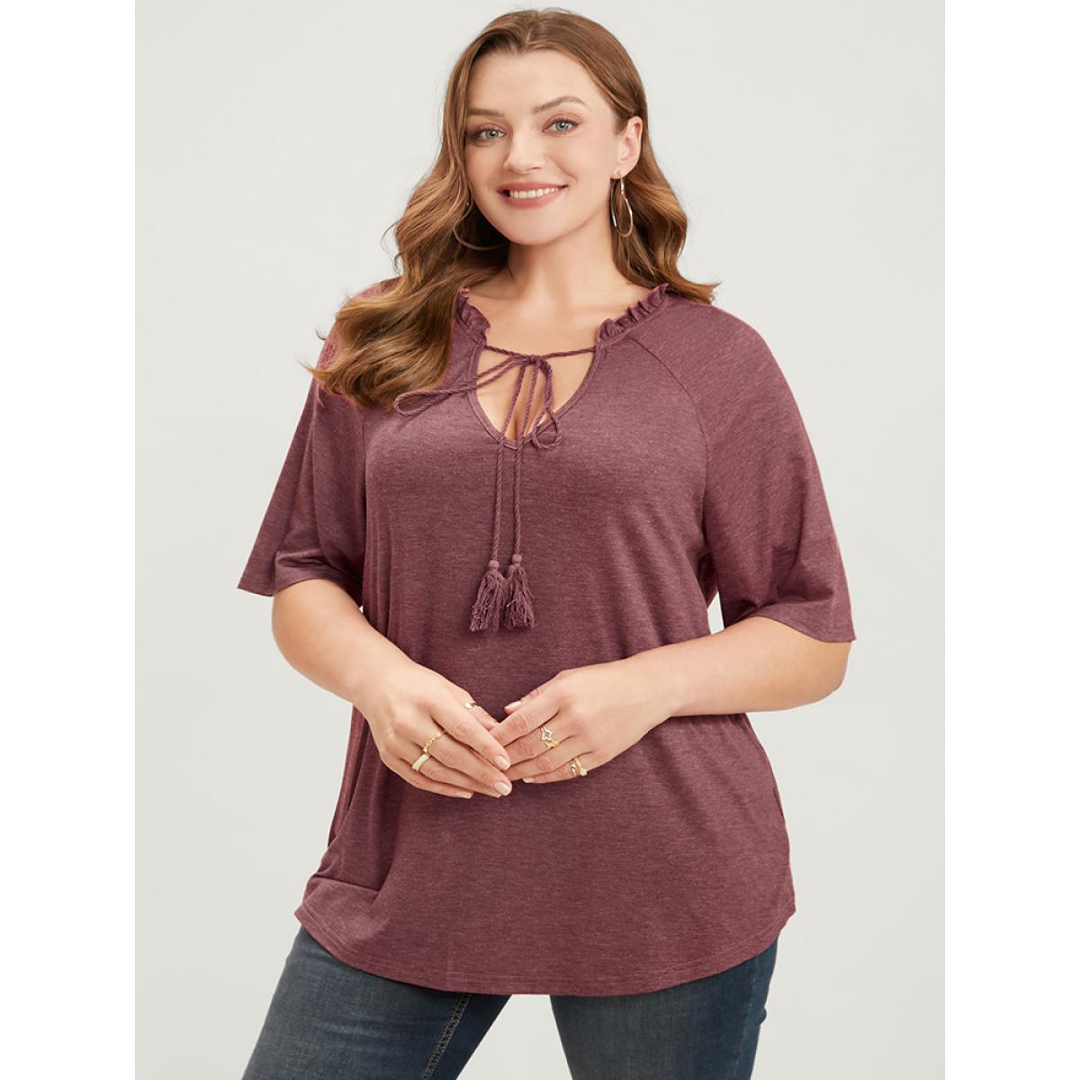 Plus Size Plain Ties Up Frill Trim Raglan Sleeve Tee Scarlet Women Casual Ruffles Plain V-neck Dailywear T-shirts BloomChic 14-16/1X Product Image