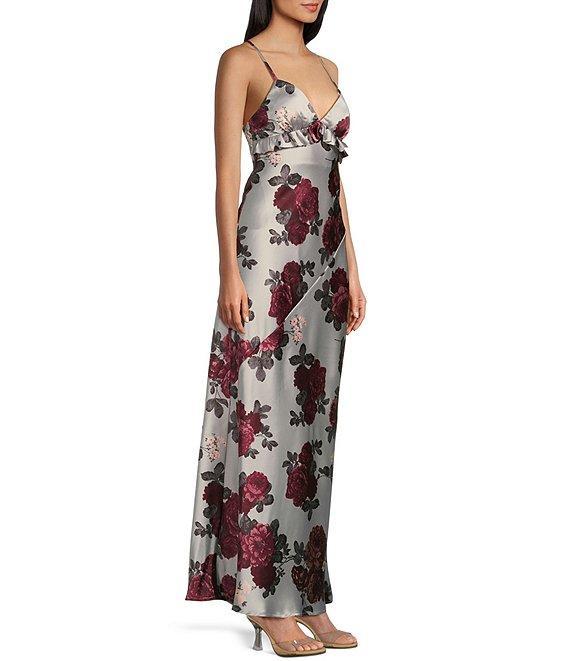 Pear Culture Floral Printed Satin V-Neck Spaghetti Strap Ruffle Long Dress Product Image