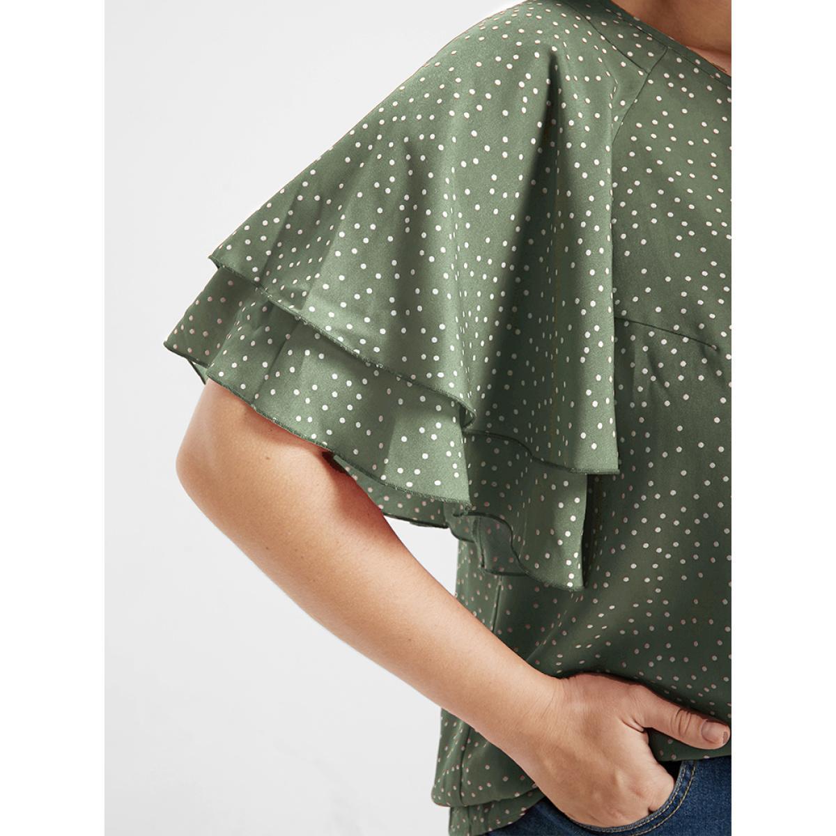 Plus Size LightGreen Polka Dot Ruffle Tiered Sleeve Blouse Women Elegant Short sleeve Round Neck Dailywear Blouses BloomChic 26/4X Product Image