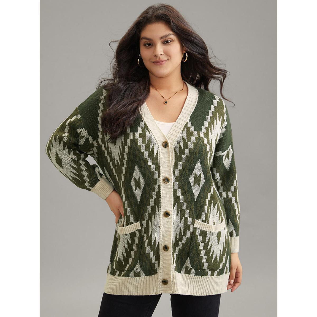 Plus Size Bandana Jacquard Button Through Patched Pocket Cardigan ArmyGreen Women Casual Loose Long Sleeve Dailywear Cardigans BloomChic 26/4X Product Image