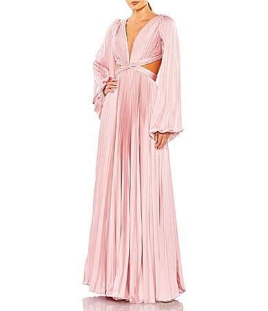 Mac Duggal Long Balloon Sleeve Side Cut-Out Pleated Deep V-Neck Satin A Product Image