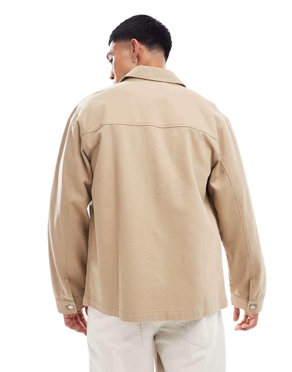 ASOS DESIGN worker jacket in washed twill in stone Product Image