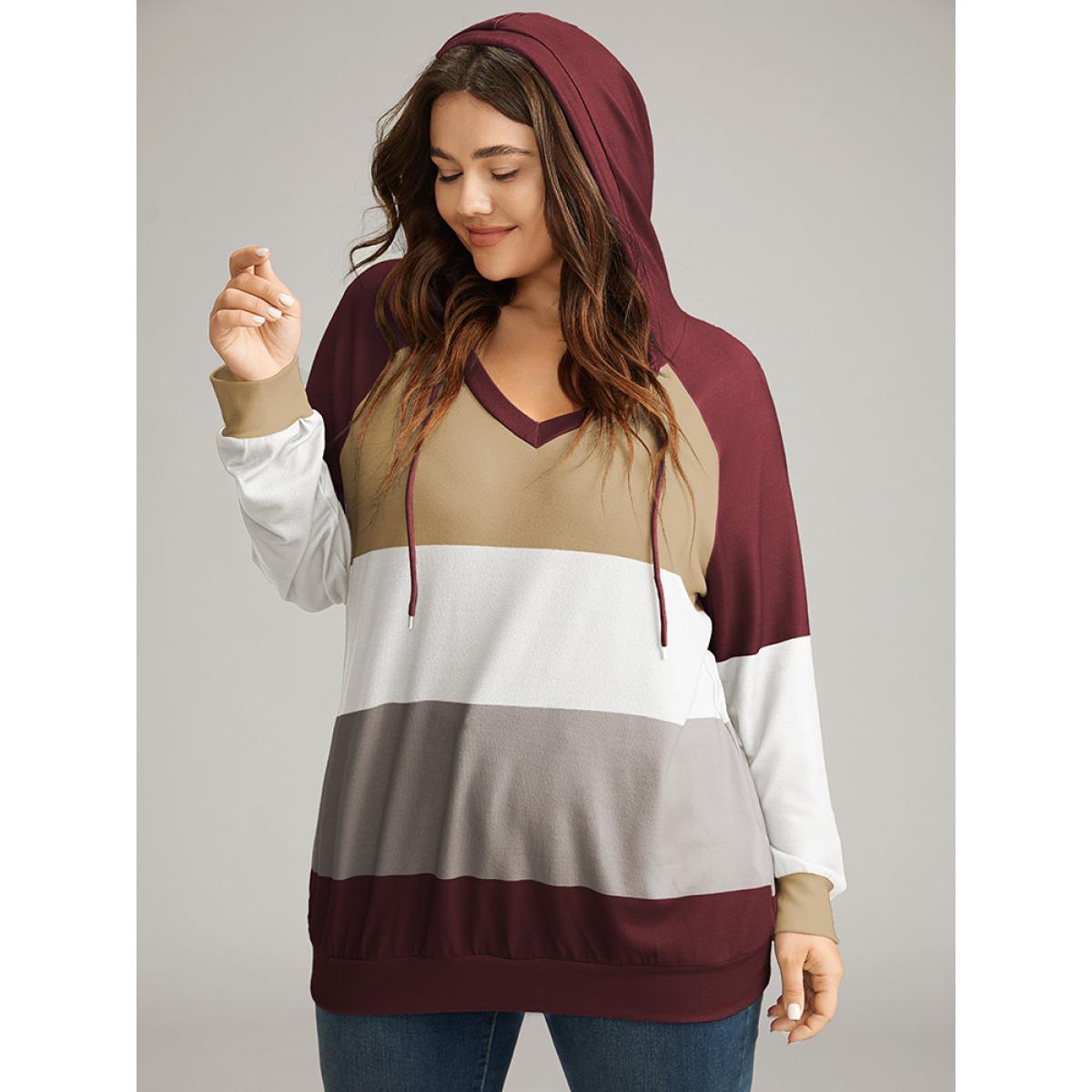 Plus Size Colorblock Contrast Hooded Drawstring Sweatshirt Women Red Casual Contrast Hooded Dailywear Sweatshirts BloomChic 18-20/2X Product Image