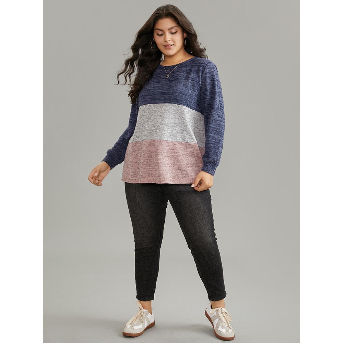 Plus Size Colorblock Contrast Heather Crew Neck Sweatshirt Women Indigo Casual Contrast Round Neck Dailywear Sweatshirts BloomChic 10/M Product Image