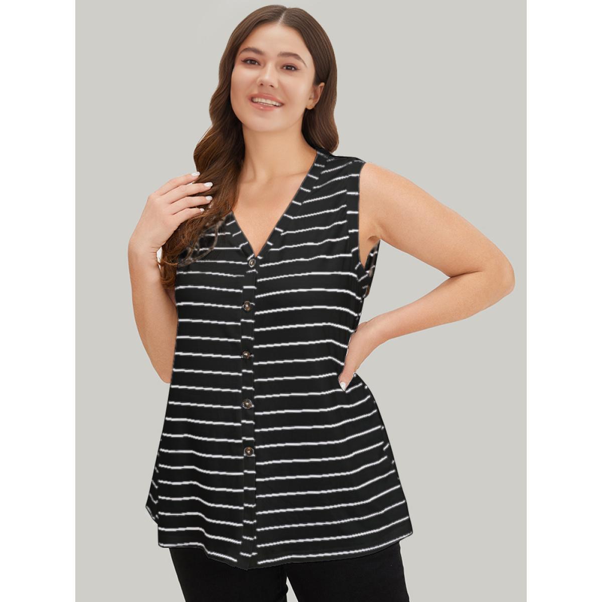 Plus Size Striped Print Button Through Tank Top Women Black Casual Button Dailywear Tank Tops Camis BloomChic 22-24/3X Product Image