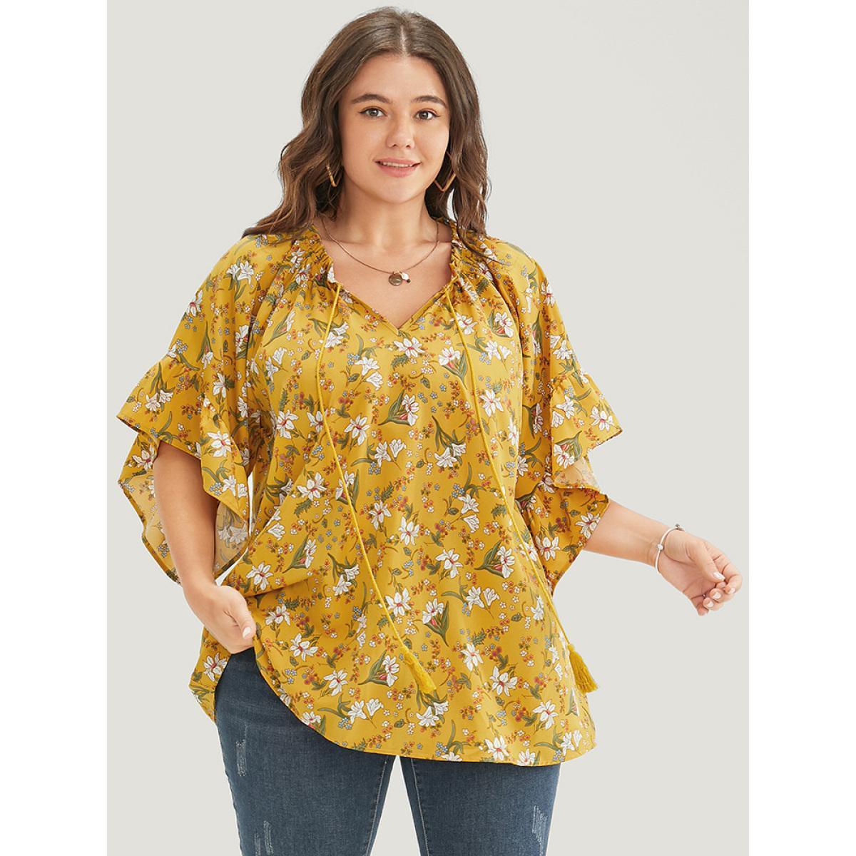 Plus Size Yellow Floral Tie Neck Tassels Frill Trim Ruffle Sleeve Blouse Women Elegant Short sleeve V-neck Dailywear Blouses BloomChic 18-20/2X Product Image